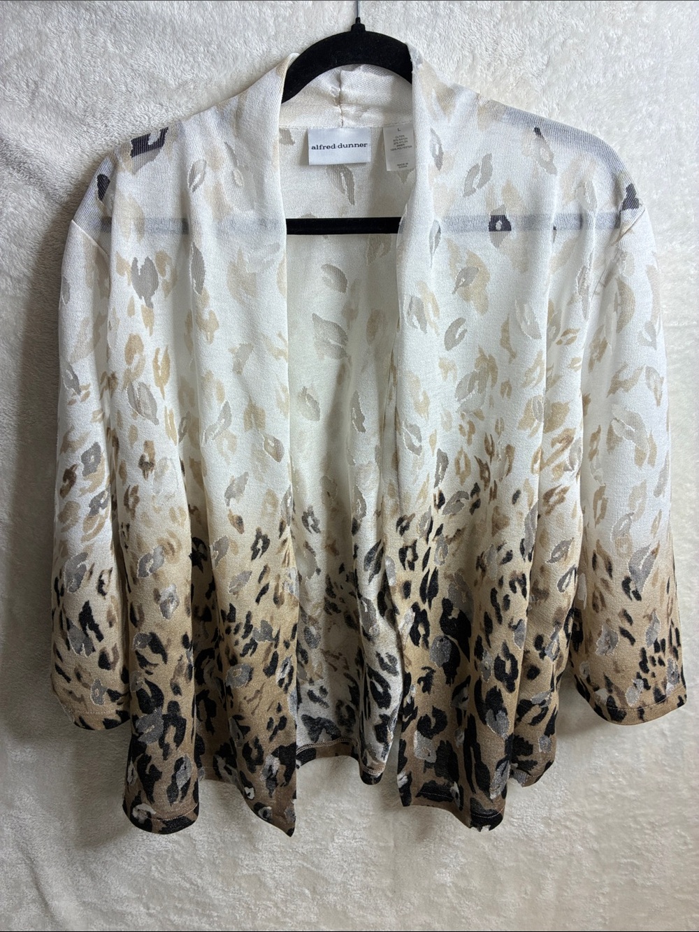 Alfred Dunner Cream Leopard Open-Front Cardigan with Tan and Black Accents